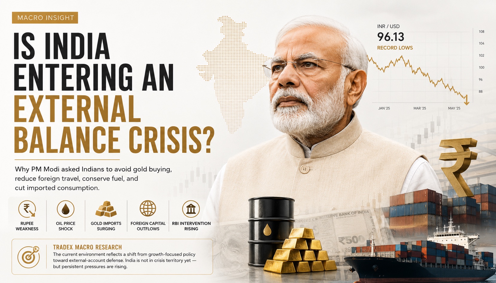 Prime Minister Narendra Modi with India external balance crisis research cover